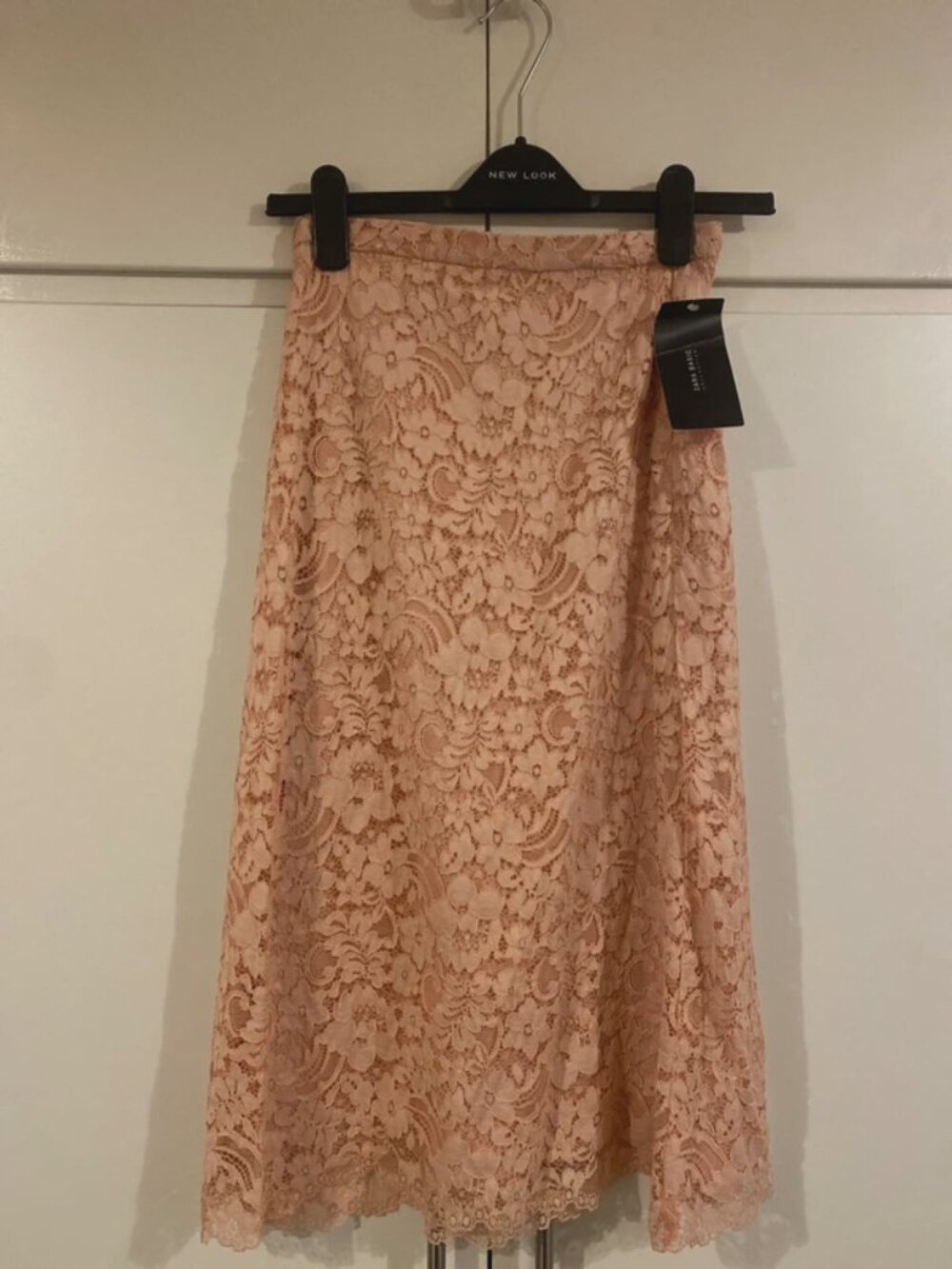 Zara Blush Pink Floral Lace Midi Skirt NWT High Waist Scalloped Hem